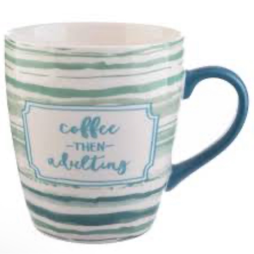 Large coffee mug by Threshold that reads Coffee then Adulting